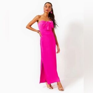 Lilly Pulitzer || Carlynn Satin Bow Gown Strapless Side Slit Dress Pink 6 NWT
